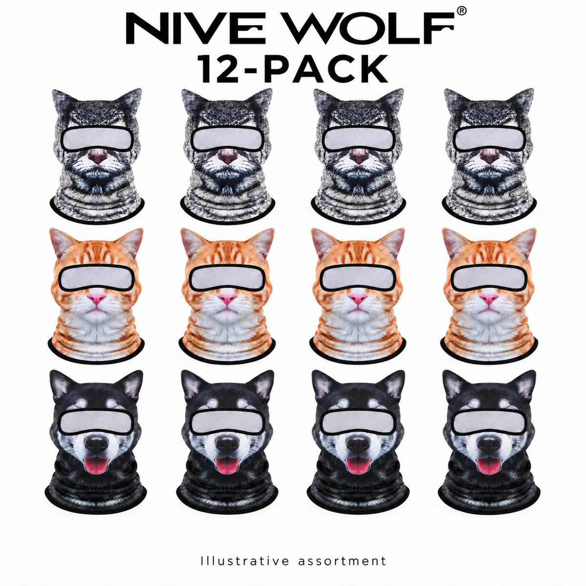 Illustrative twelve-pack assortment of animal-print balaclavas