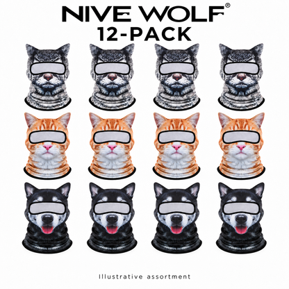 Illustrative twelve-pack assortment of animal-print balaclavas