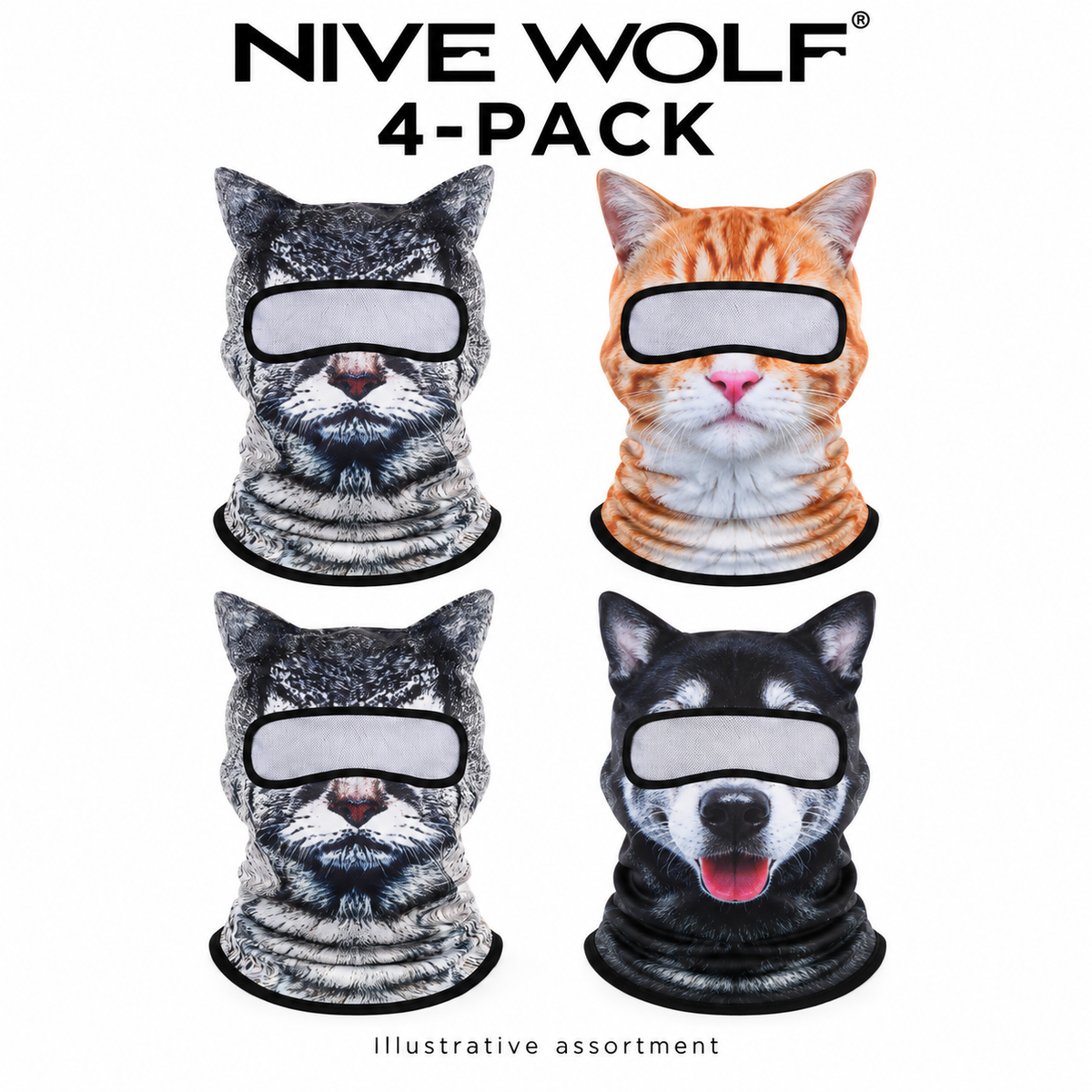 Illustrative four-pack assortment of animal-print balaclavas