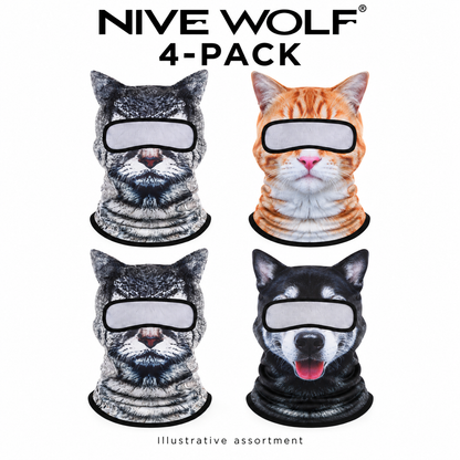 Illustrative four-pack assortment of animal-print balaclavas