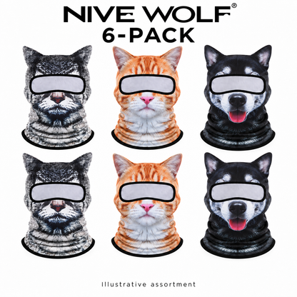 Illustrative six-pack assortment of animal-print balaclavas