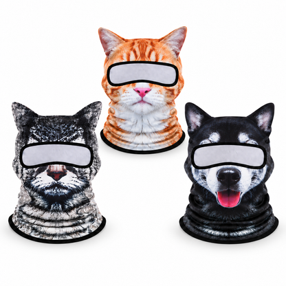 Illustrative animal-print balaclava design examples on white