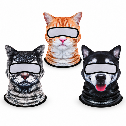 Illustrative animal-print balaclava design examples on white