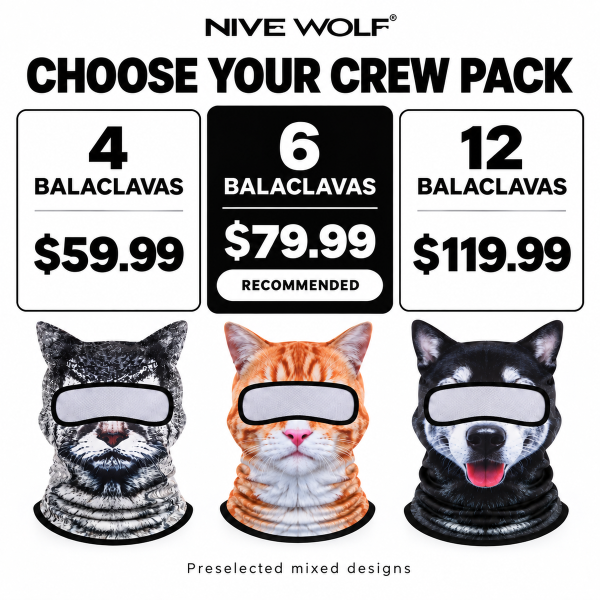 Compare 4, 6, and 12 balaclava packs at $59.99, $79.99, and $119.99