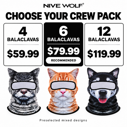Compare 4, 6, and 12 balaclava packs at $59.99, $79.99, and $119.99